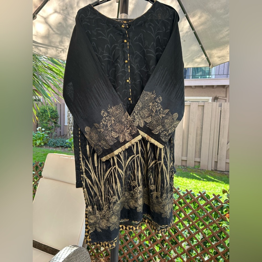 Junaid Jamshed Black Gold Lawn Suit Large Pakistani 3PC Outfit